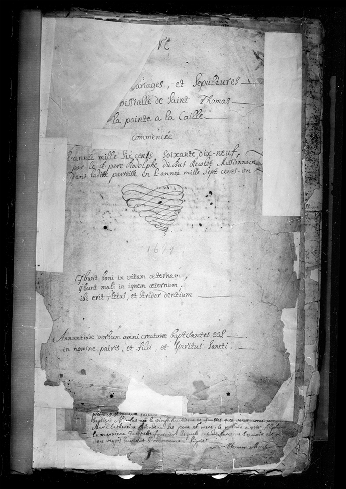 Page d'entrée du premier registre paroissial de Pointe-à-la-Caille